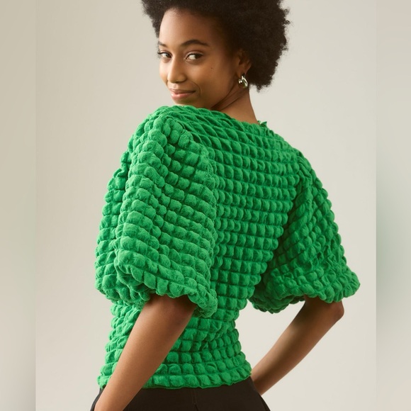 Anthropologie Eri + Ali Green Textured Puff-Sleeve Top XL - Picture 2 of 8